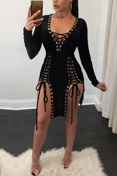 Sexy V Neck Long Sleeves Lace-up Hollow-out Black Healthy Fabric Mini Dress
Sexy V Neck Long Sleeves Lace-up Hollow-out Black Healthy Fabric Mini Dress