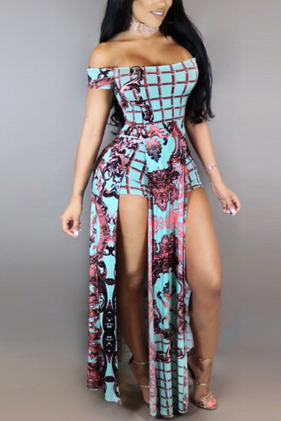 Stylish Dew Shoulder Printed Patchwork Milk Fiber One-piece Skinny Jumpsuits Stylish Dew Shoulder Printed Patchwork Milk Fiber One-piece Skinny Jumpsuits<br>