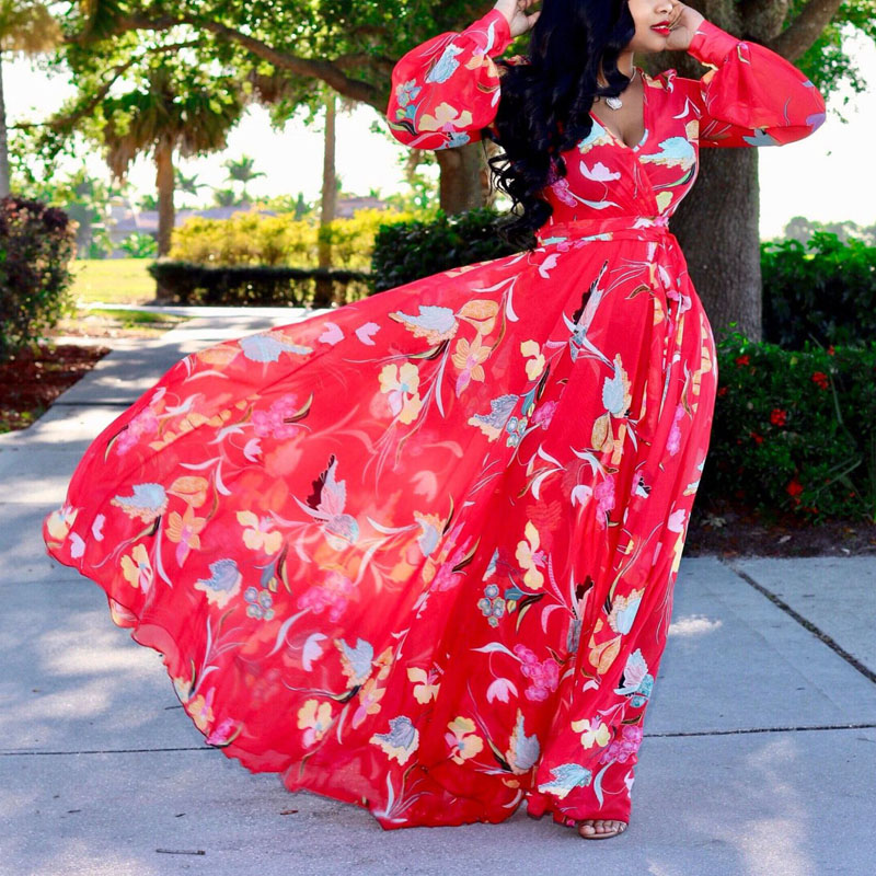 Lovely Bohemian V Neck Long Sleeves Floral Printed Red Chiffon Floor Length Dress
Lovely Bohemian V Neck Long Sleeves Floral Printed Red Chiffon Floor Length Dress