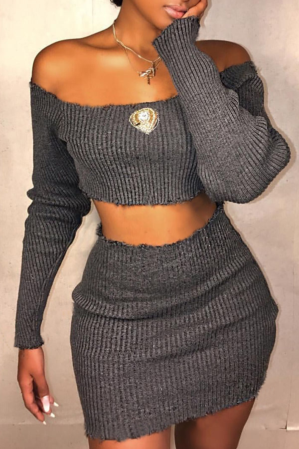 Lovely Casual Dew Shoulder Grey Knitting Two-piece Skirt Set