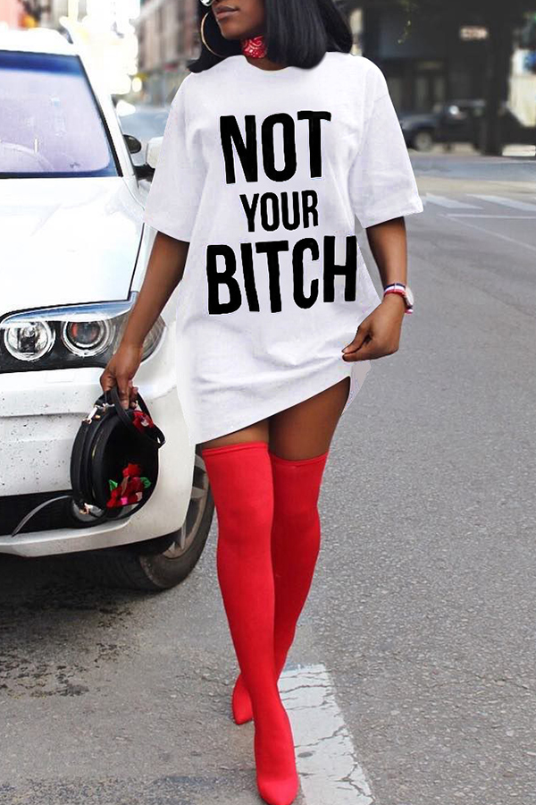 LW COTTON Casual Letter White Mini Dress