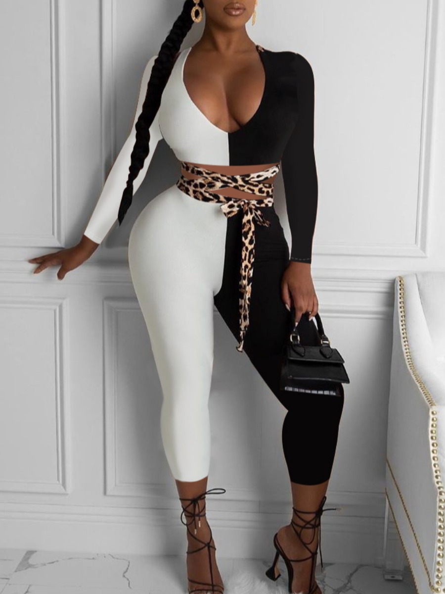 lovely Sportswear V Neck Patchwork White Two Piece Pants Set