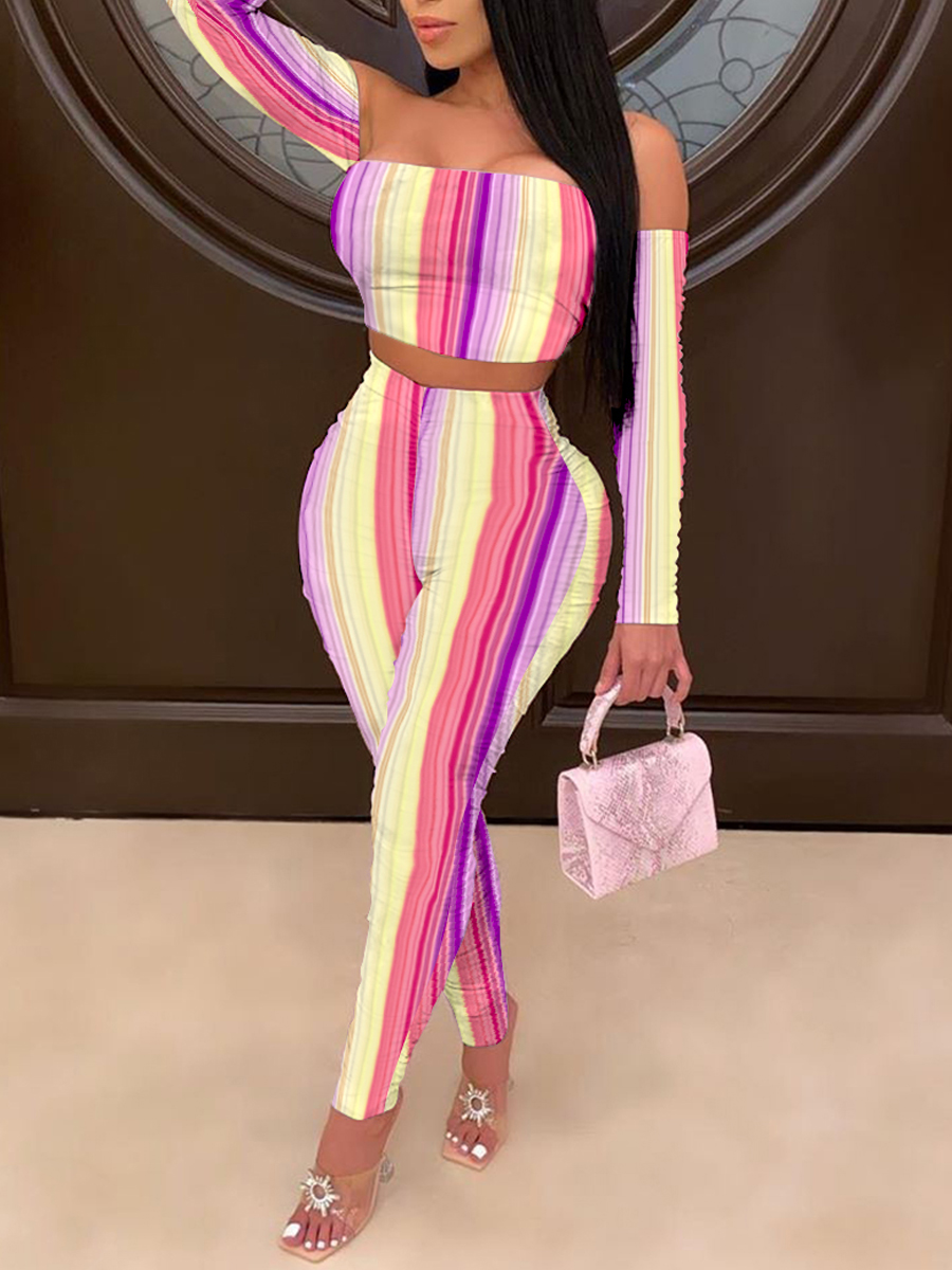 Lovely Leisure Dew Shoulder Rainbow Striped Pink Two Piece Pants Set(Batch Print
Lovely Leisure Dew Shoulder Rainbow Striped Pink Two Piece Pants Set(Batch Print