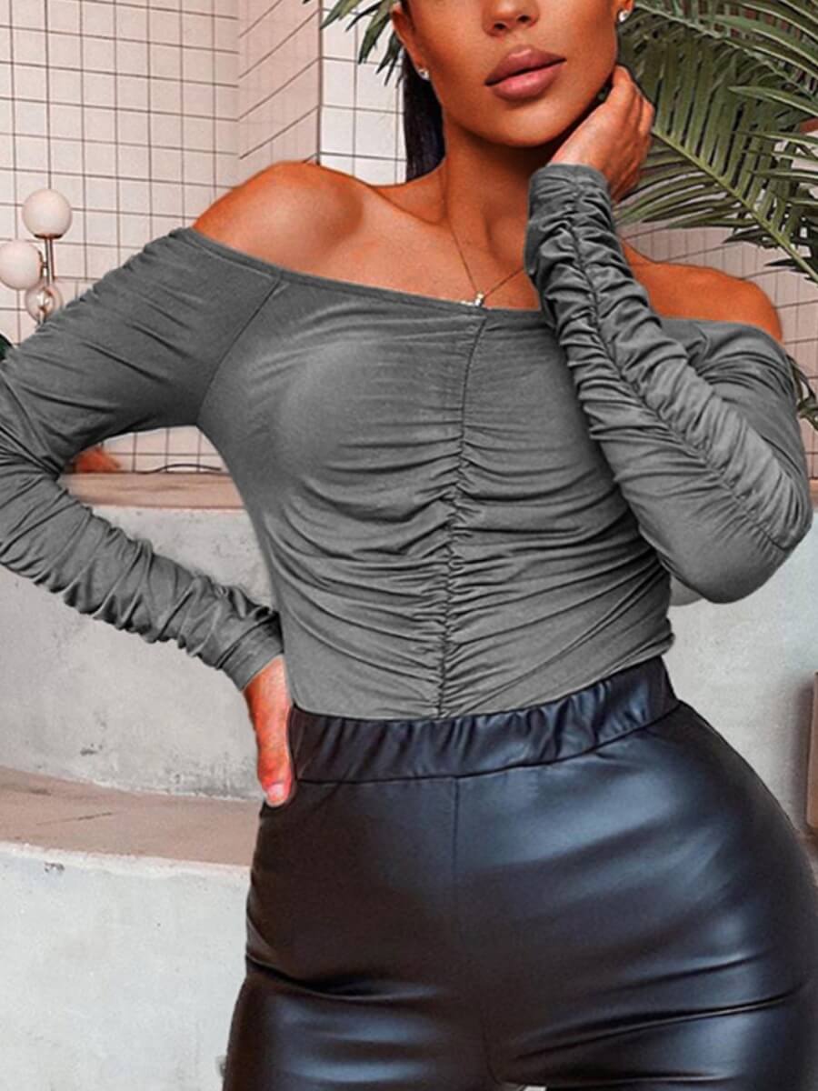 Lovely Sexy Dew Shoulder Fold Design Skinny Grey Bodysuit
Lovely Sexy Dew Shoulder Fold Design Skinny Grey Bodysuit