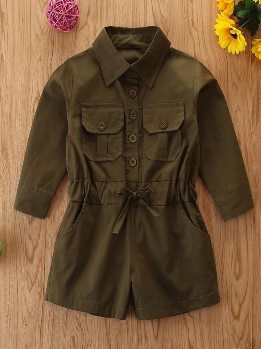 Lovely Stylish Shirt Collar Buttons Design Drawstring Army Green Girl One-piece Romper
Lovely Stylish Shirt Collar Buttons Design Drawstring Army Green Girl One-piece Romper
