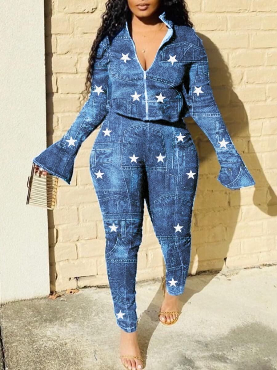 Lovely Casual Turndown Collar Flare Sleeve Star Print Two Piece Pants Set, Blue
Lovely Casual Turndown Collar Flare Sleeve Star Print Two Piece Pants Set, Blue