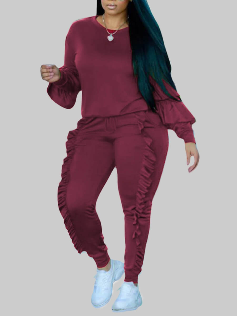 Lovely Casual O Neck Long Sleeve Ruffle Design Wine Red Plus Size Two-piece Pants Set
Lovely Casual O Neck Long Sleeve Ruffle Design Wine Red Plus Size Two-piece Pants Set