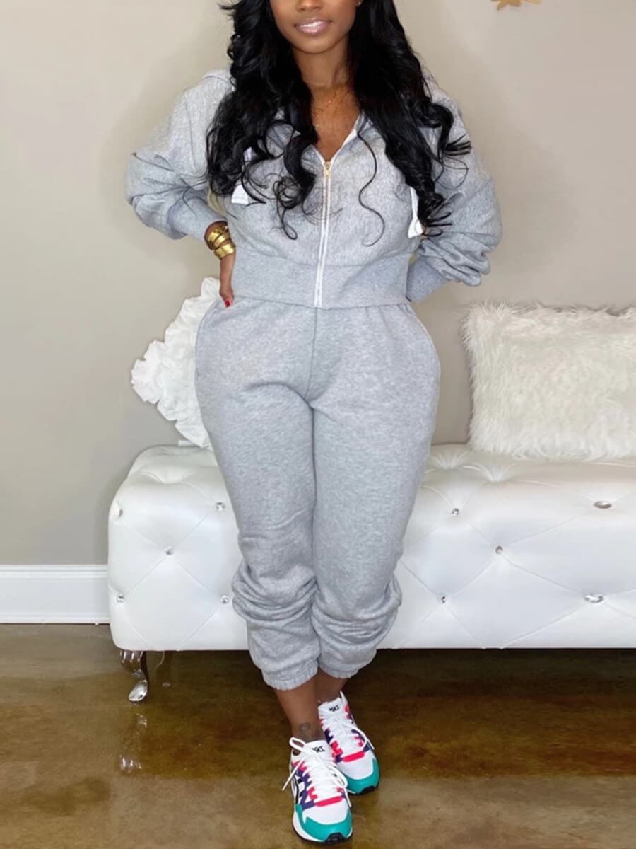 Lovely Sportswear Hooded Collar Zipper Design Grey Plus Size Two-piece Pants Set 
Lovely Sportswear Hooded Collar Zipper Design Grey Plus Size Two-piece Pants Set