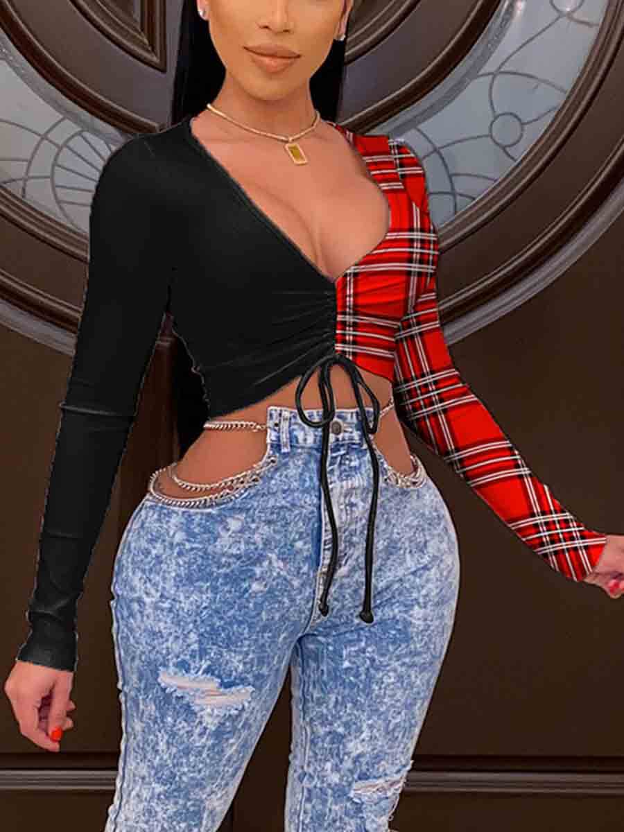 Lovely Chic Drawstring Plaid Print Patchwork Red T-shirt(No-positioning Printing
Lovely Chic Drawstring Plaid Print Patchwork Red T-shirt(No-positioning Printing