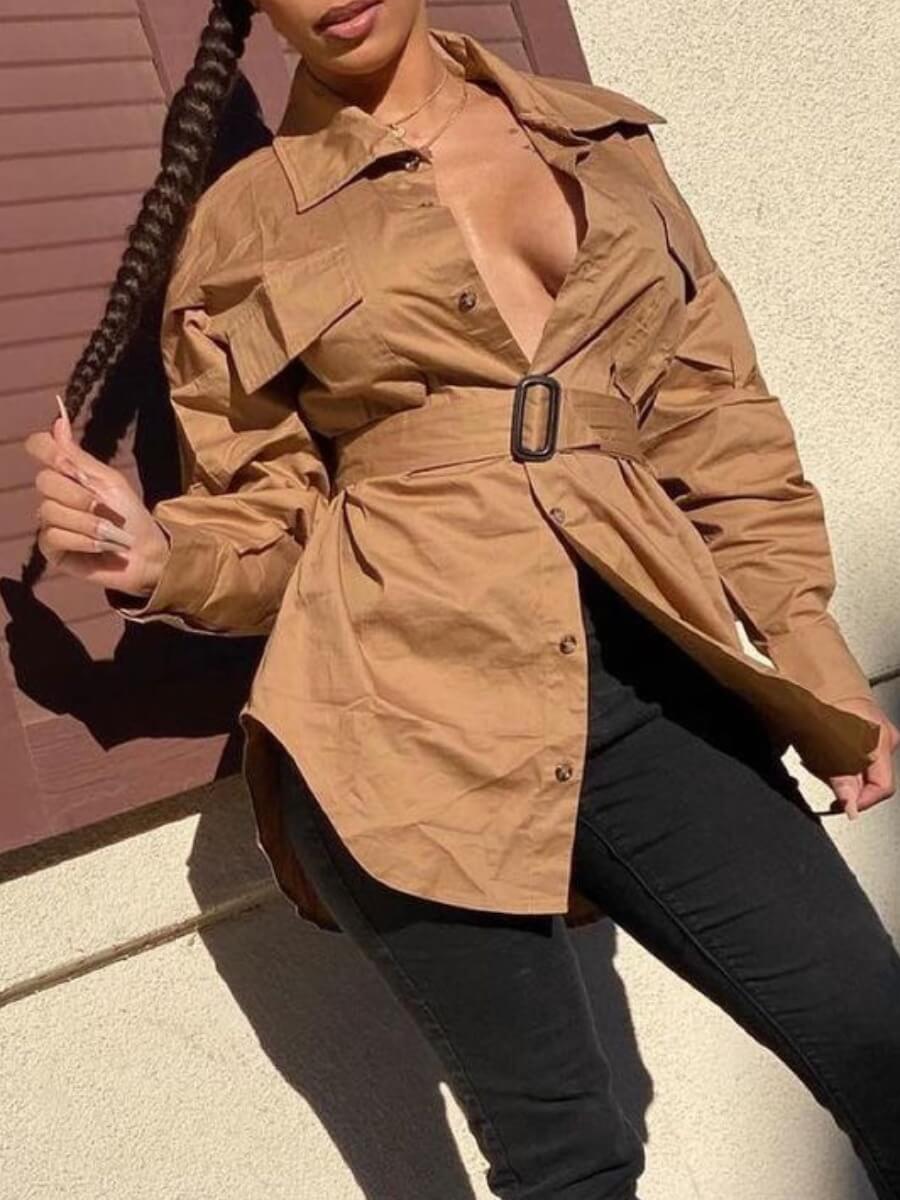 Lovely Stylish Pocket Design Metal Ring Decoration Asymmetrical Khaki Blouse
Lovely Stylish Pocket Design Metal Ring Decoration Asymmetrical Khaki Blouse
