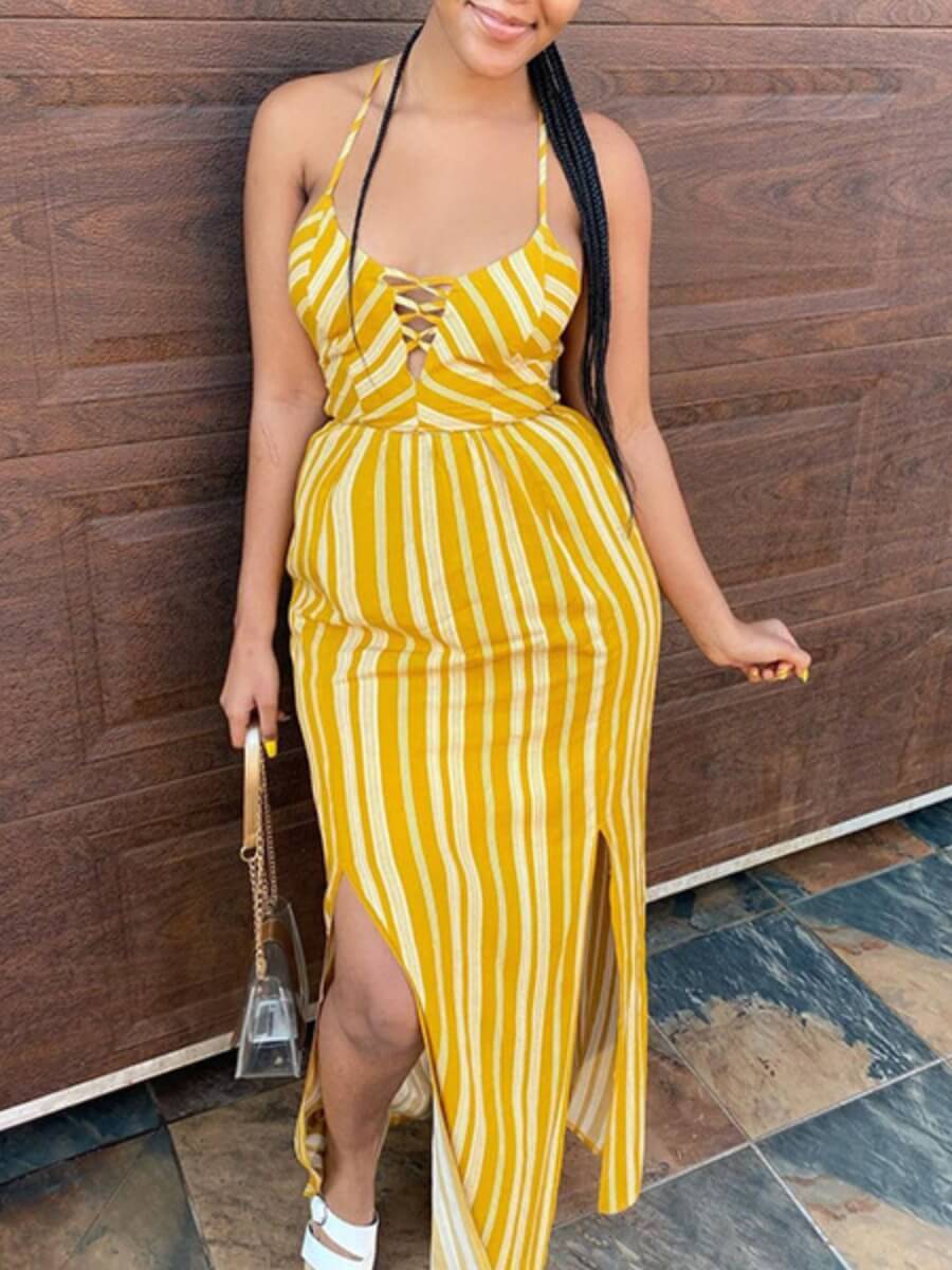 LW Casual Spaghetti Strap Backless Striped Patchwork Split Yellow Ankle Length Dress
LW Casual Spaghetti Strap Backless Striped Patchwork Split Yellow Ankle Length Dress