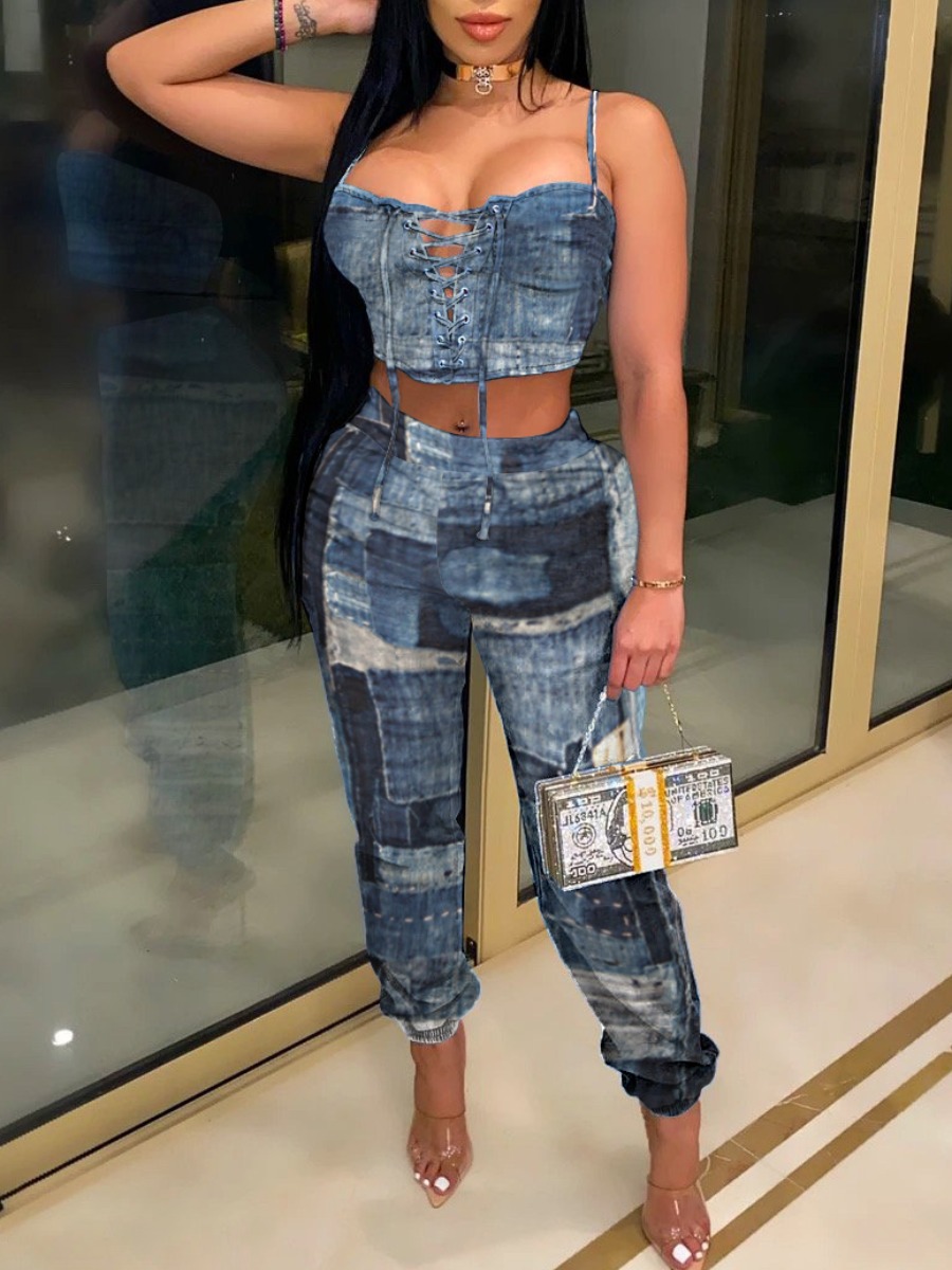 Lovely Casual Bandage Hollow-out Design Patchwork Blue Two Piece Pants Set 
Lovely Casual Bandage Hollow-out Design Patchwork Blue Two Piece Pants Set