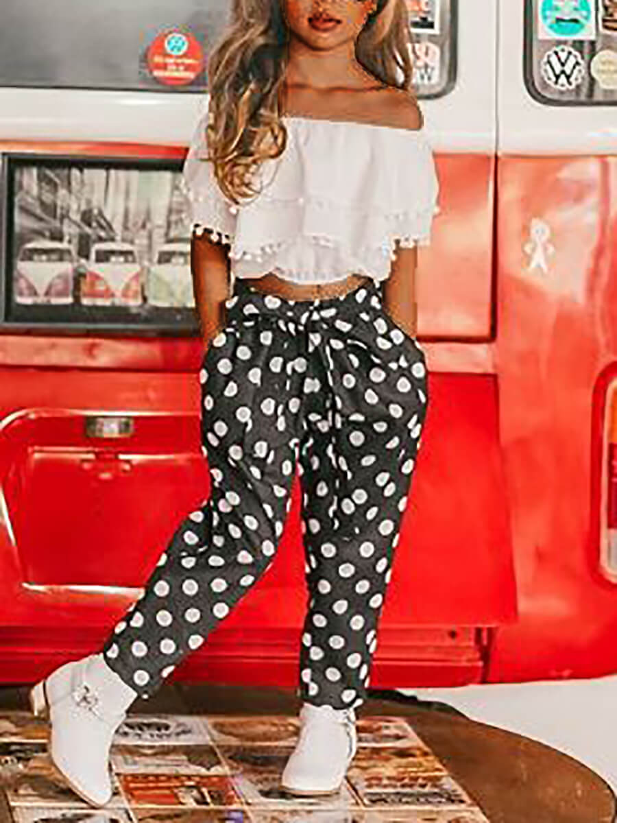 Lovely Stylish Off The Shoulder Dot Print Multilayer Black Girl Two Piece Pants Set
Lovely Stylish Off The Shoulder Dot Print Multilayer Black Girl Two Piece Pants Set