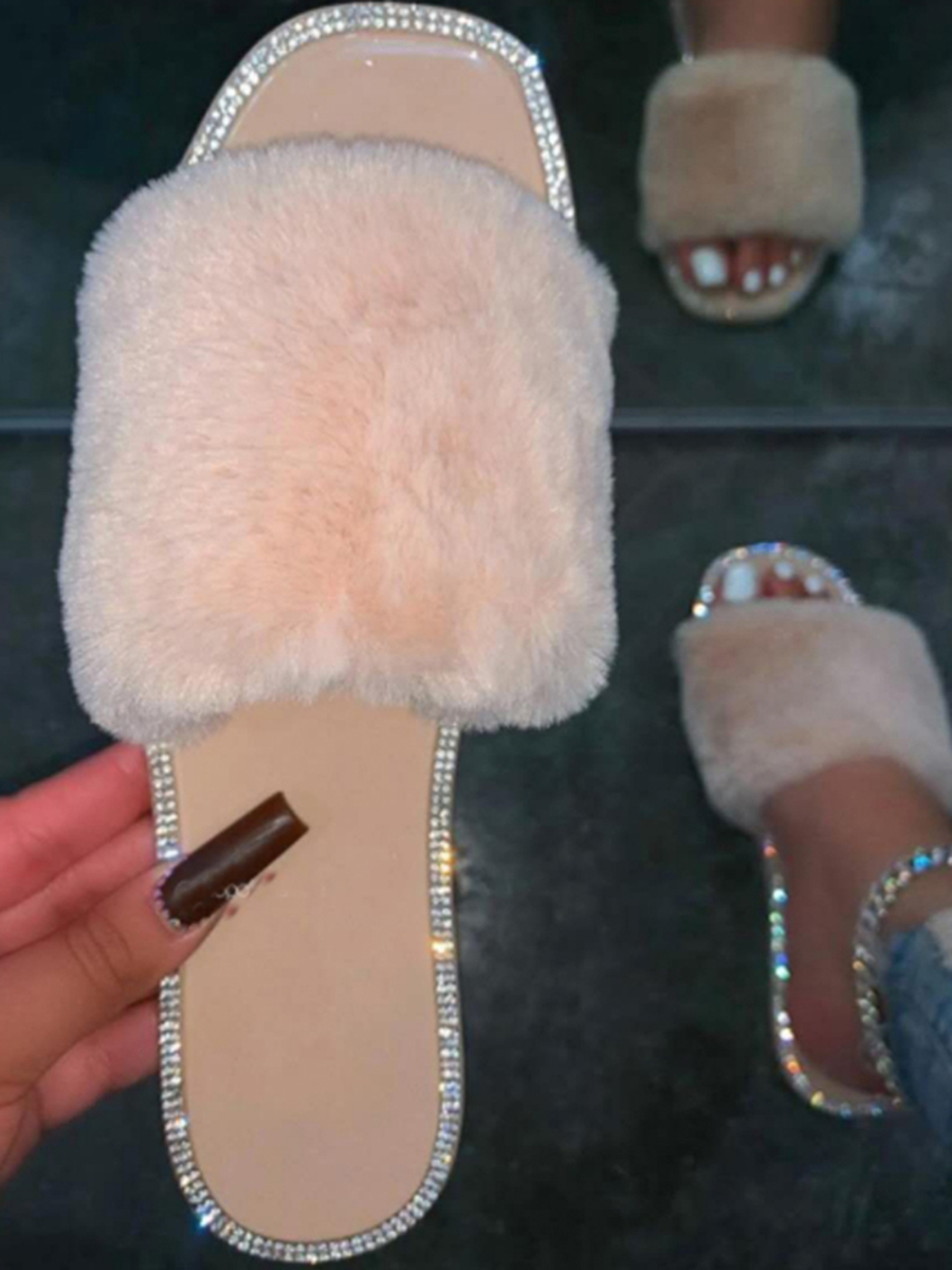 Lovely Casual Fluffy Beige Slippers