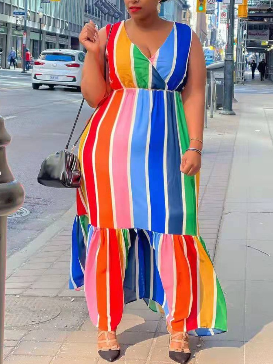 Lovely Plus Size Boho striped Ruffle Design Multicolor Ankle Length Dress, Multi
Lovely Plus Size Boho striped Ruffle Design Multicolor Ankle Length Dress, Multi