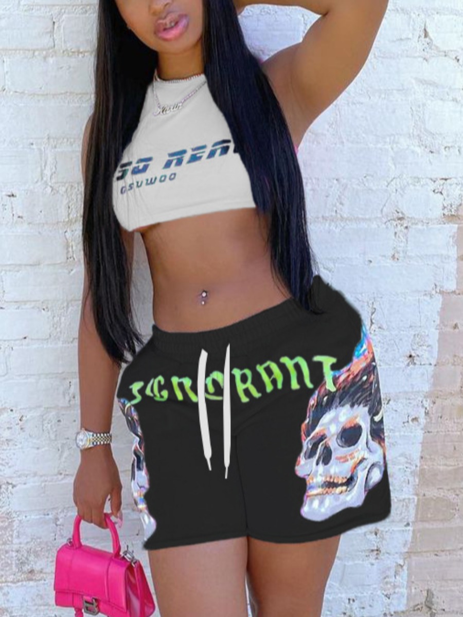 Lovely Street Skull Head Letter Print Drawstring Black Two Piece Shorts Set 
Lovely Street Skull Head Letter Print Drawstring Black Two Piece Shorts Set