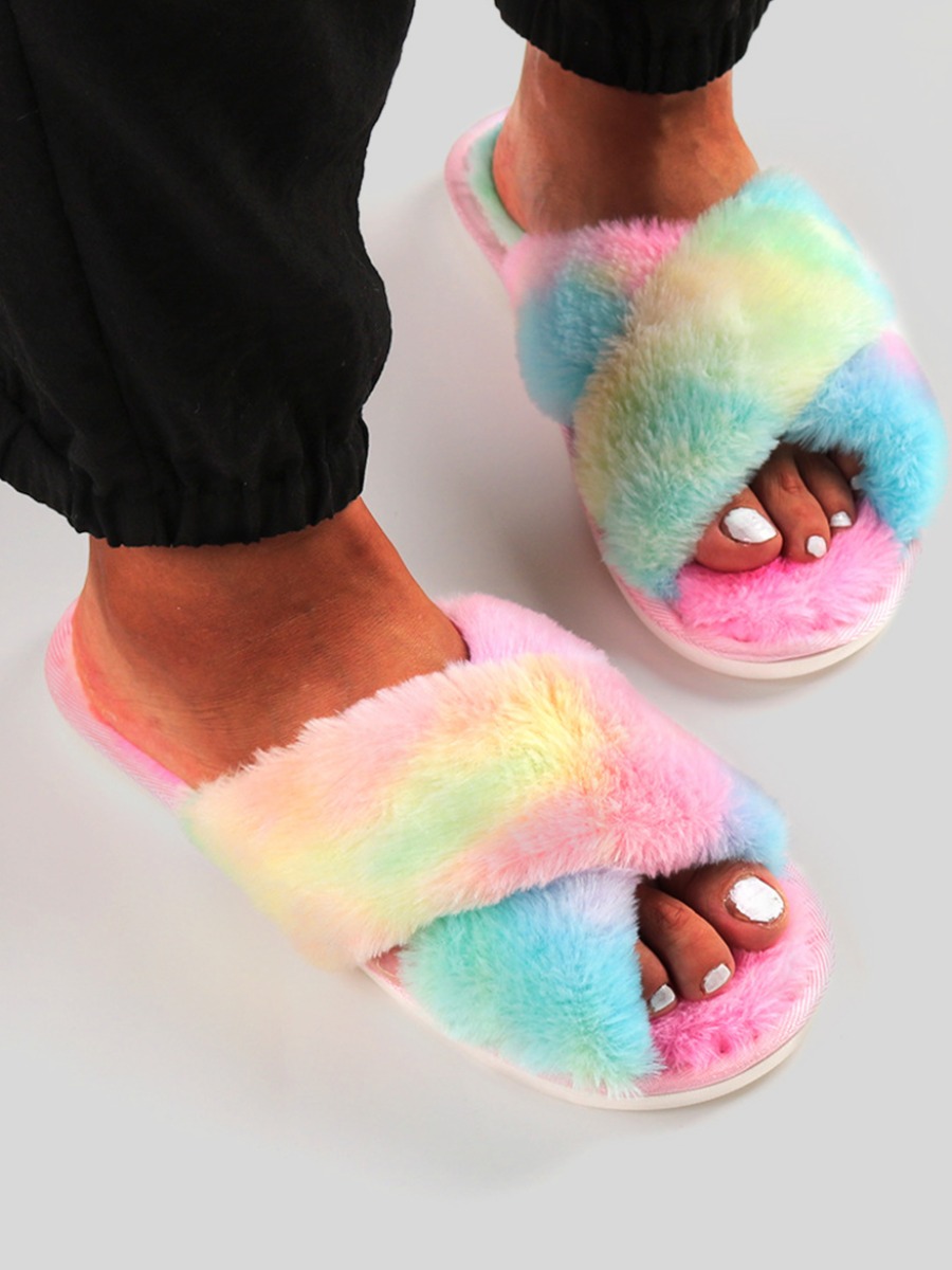 Lovely Criss Cross Tie-dye Plush Slippers, Multi