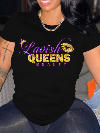 LW COTTON Crown Lip Letter Print T-shirt, Black 
LW COTTON Crown Lip Letter Print T-shirt, Black