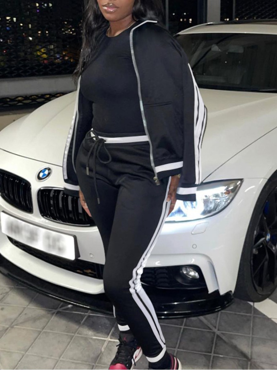 LW Zipper Drawstring Striped Tracksuit Set, Black 
LW Zipper Drawstring Striped Tracksuit Set, Black