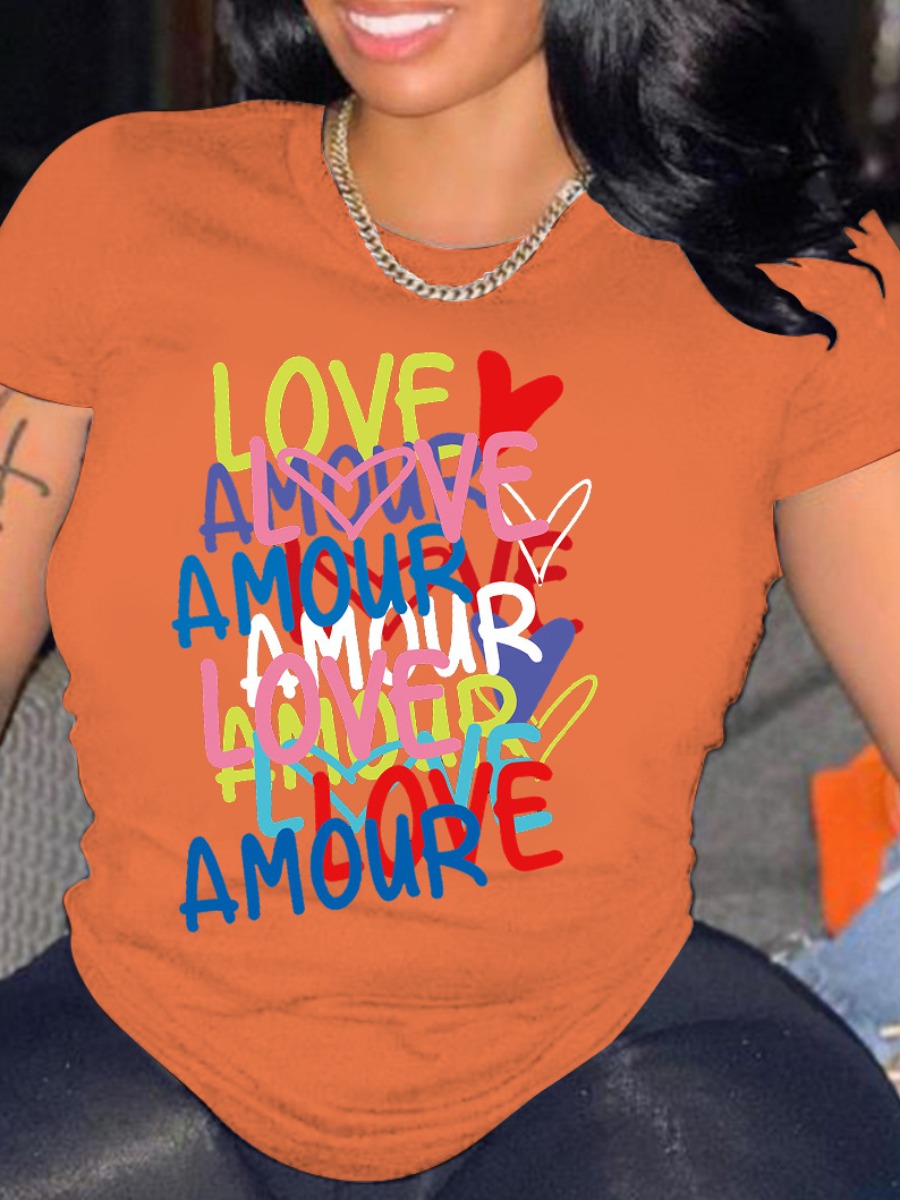 LW Letter Print Patchwork T-shirt, Orange