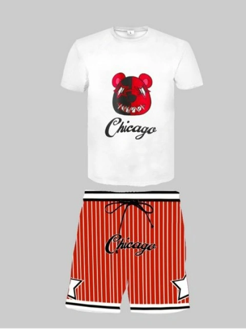 LW Men Cartoon Letter Print Striped Shorts Set