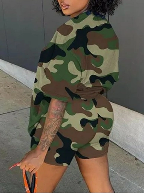 LW Street Polyester Round Neck Pattern Camo Short Sleeve Two-piece Shorts Set