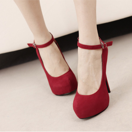 red ankle strap pumps