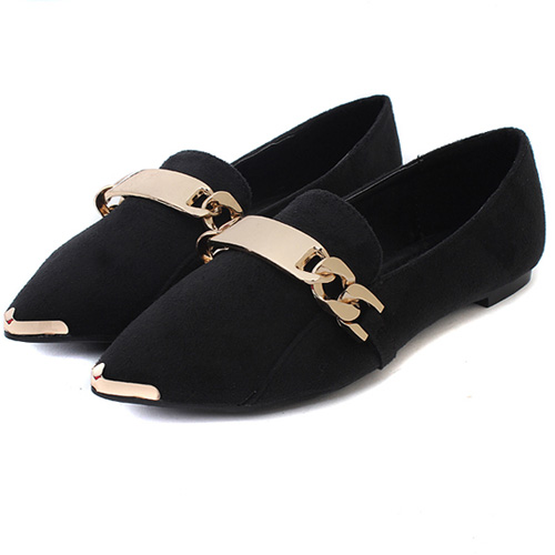 All Matched Pointed Closed Toe Buckle Embellished Flat Low Heel Black