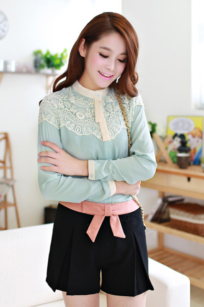 Korean Splicing Lace Mandarin Collar Long Sleeves White Spandex Blouses ...