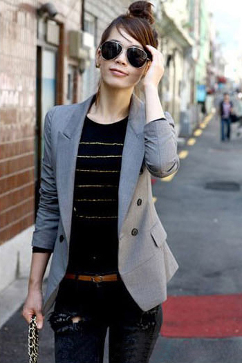 Simple Double-breasted Turndown Collar Grey Women Suit_Blazer&Suits ...