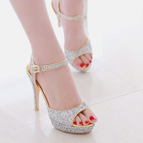 Gorgeous Luxury Peep Toe Sequin Embellished Stiletto High Heels Sliver ...