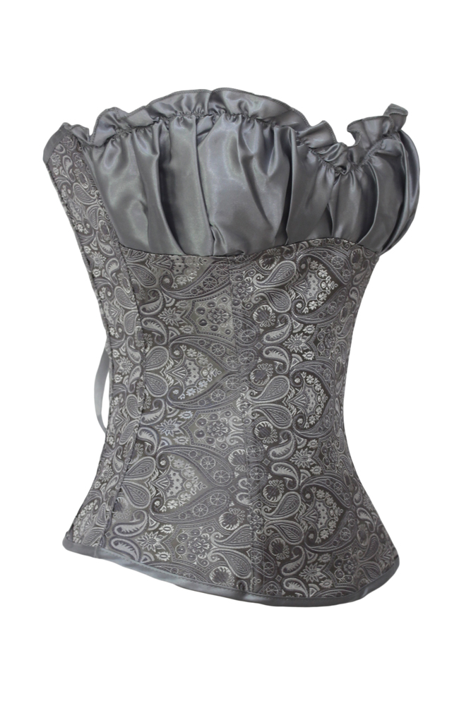 Elegant Pleated Frills Back Laceup Grey Satin Corset_Bustiers&Corsets