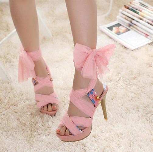Fashion Ribbon Straps Stiletto High Heels Pink PU Cross Strap Sandals ...