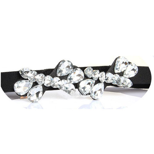 Fashion Allmatch Diamond Embellished Black Elastic Belt_Belts