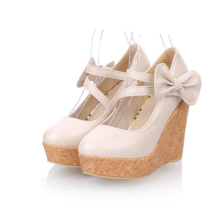 Fashion Round Closed Toe Super High Wedges Beige PU Mary Jane Pumps