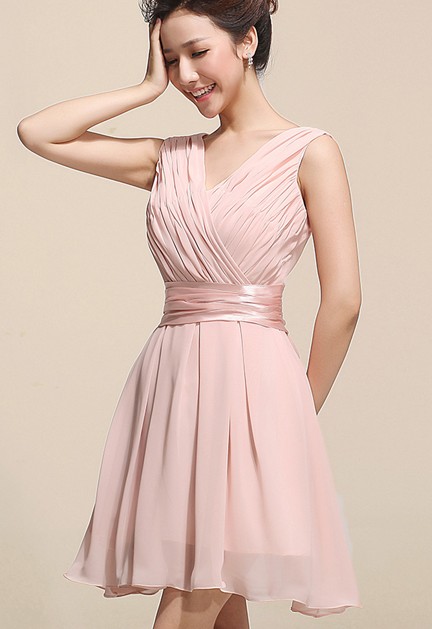 Fashion Lovely Ruched V Neck Sleeveless Pink Chiffon Princess Knee ...
