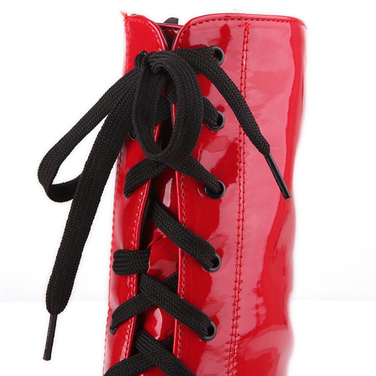 Fashion Winter Round Toe Flat Lace Up Red Patent Leather Short Boots ...