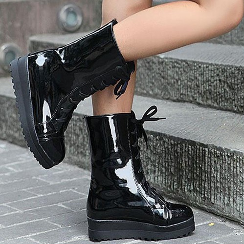 Fashion Winter Round Toe Flat Lace Up Black Patent Leather Short Boots ...