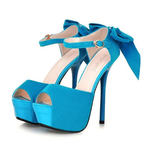 Fashion Back Bow Tie Stiletto High Heels Blue PU Ankle Strap Sandals ...