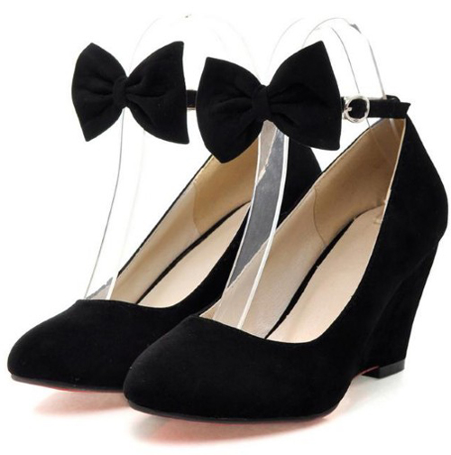 Fashion Round Closed Toe Bow Embellished Wedges High Heel Black PU ...