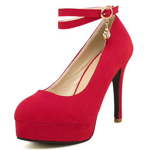 Fashion Round Closed Toe Stiletto High Heels Red Suede Ankle Strap ...