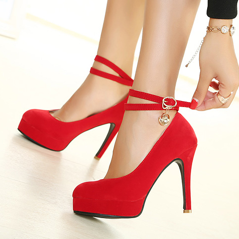 Fashion Round Closed Toe Stiletto High Heels Red Suede Ankle Strap ...