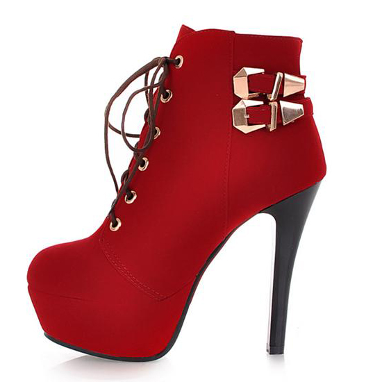 Winter Round Toe Stiletto High Heel Lace Up Short Buckle Red Suede ...