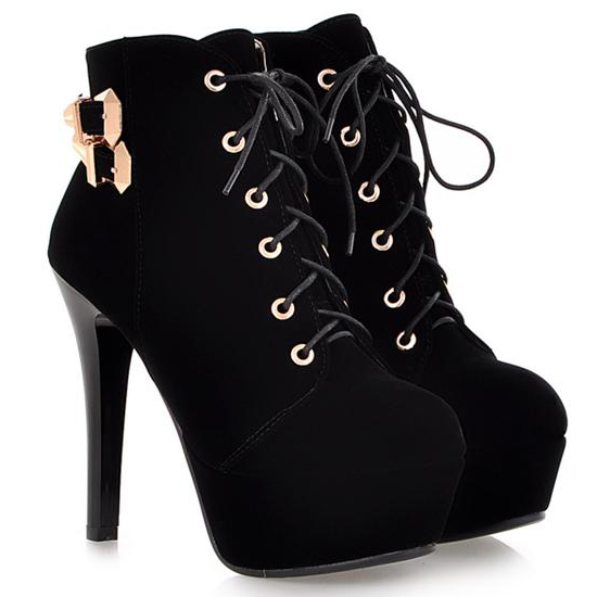 black lace up short heels