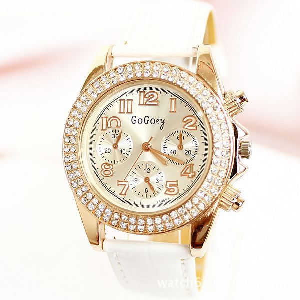 Fashion GoGoey Diamond Embellished White PU Leather Watch_Watch ...