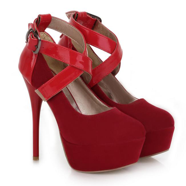 Fashion Round Closed Toe Stiletto High Heels Red PU Mary Jane Pumps ...