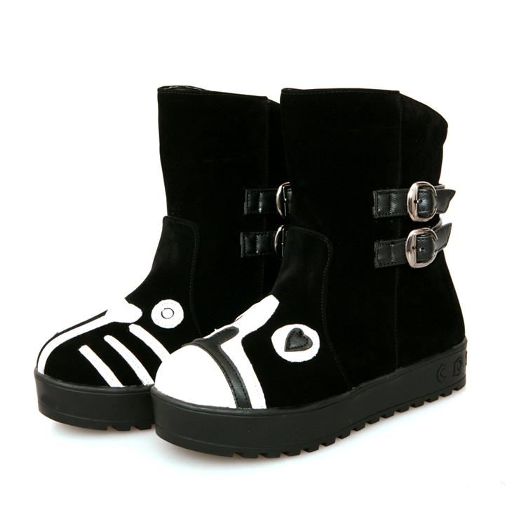 Winter Round Toe Dog&Cat Print Flat Low Heel Slip On Leather Short Snow