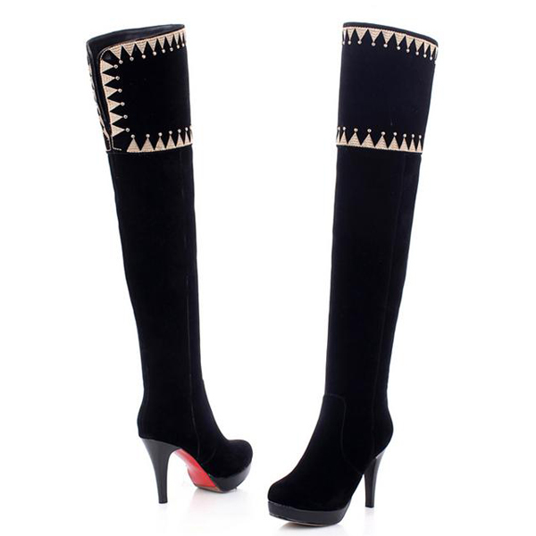 Winter Round Toe Rhinstone Embellished Stiletto High Heels Black Suede ...