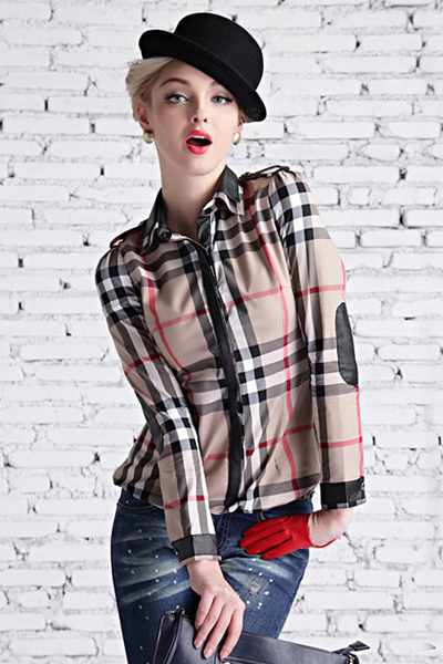 Charming Turndown Collar Long Sleeve Plaid Apricot Blouse_Blouses ...