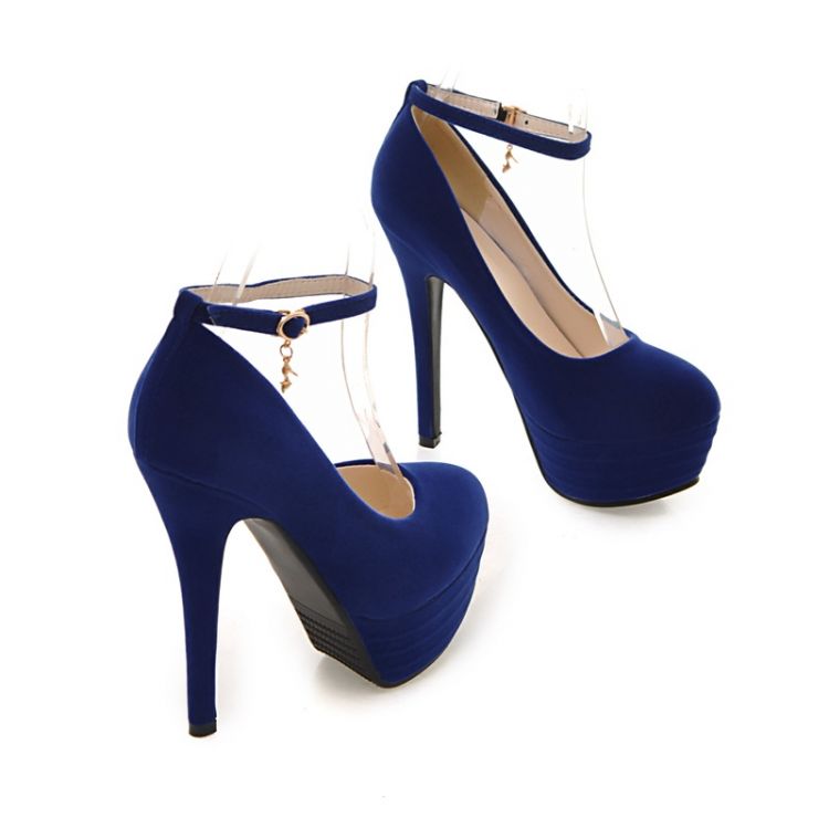 Fashion Round Toe Closed Stiletto High Heel Ankle Strap Blue PU Pumps ...